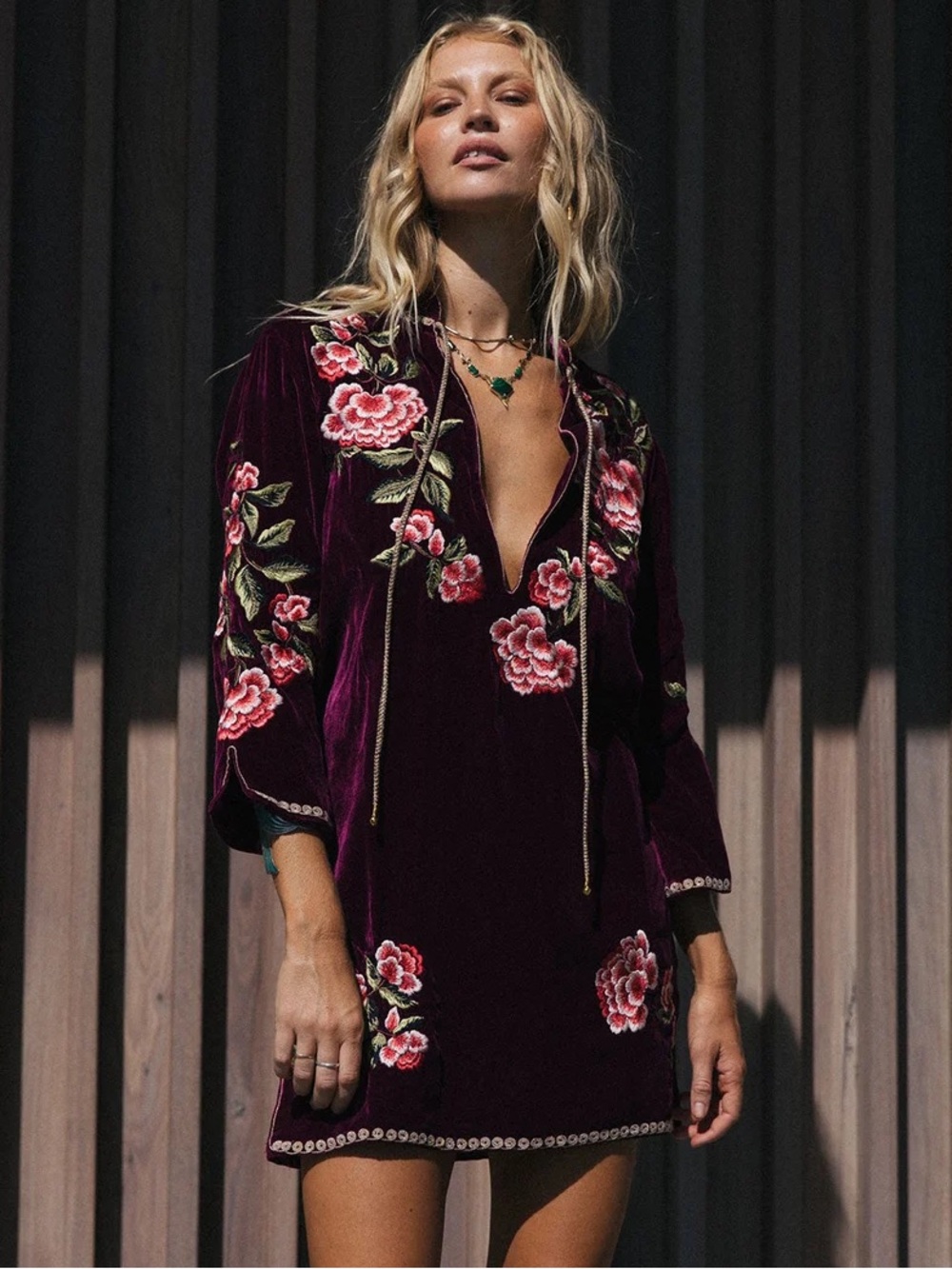 Chasing Unicorns 🥀 Like A Rolling Stone Silk Velvet Embroidered Tunic Dress sz M - Picture 5 of 17